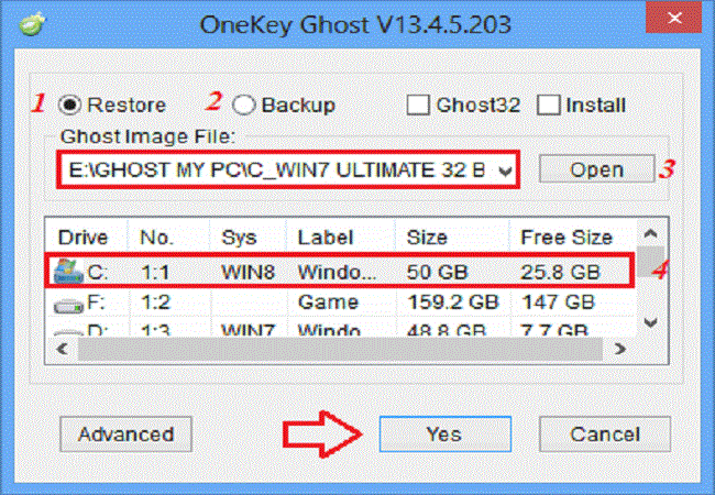 Chọn Restore và lựa chọn file ghost đã được lưu trong máy tính