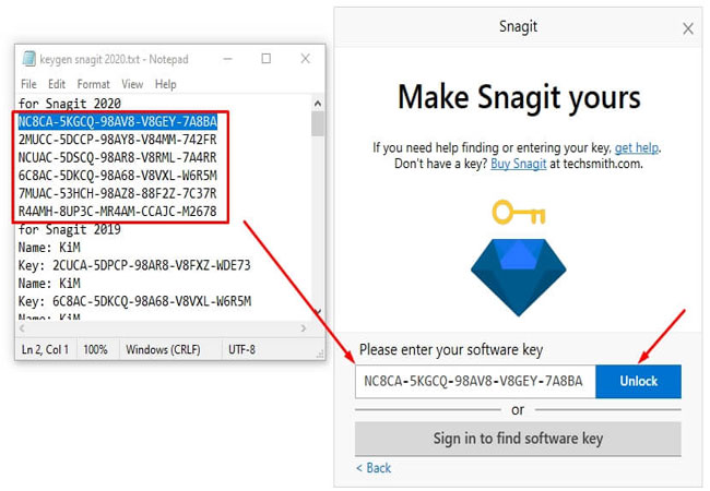 Dán mã key để unlock phần mềm Snagit 2020