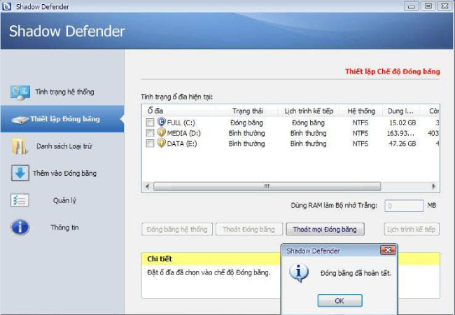 Giao diện sử dụng của Shadow Defender 1.4.0