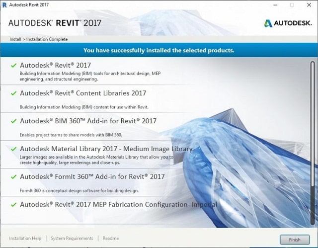 Nhấn chọn Finish để hoàn thành các bước cài đặt Revit 2017