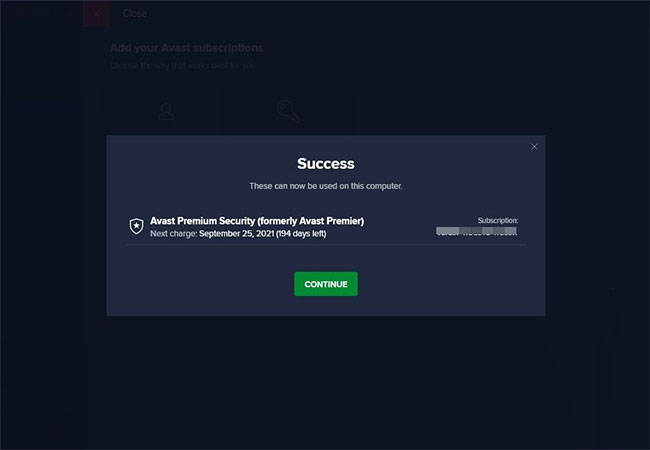 Thông báo Avast Premier 2021 đã tải và cài đặt thành công