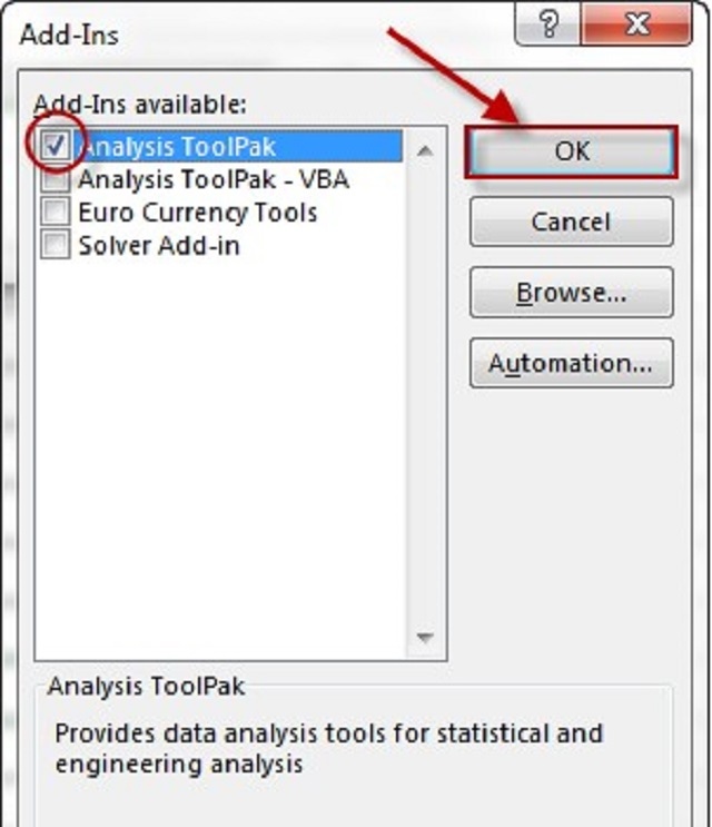 Công cụ Analysis Toolpak hiển thị bạn nhấn OK