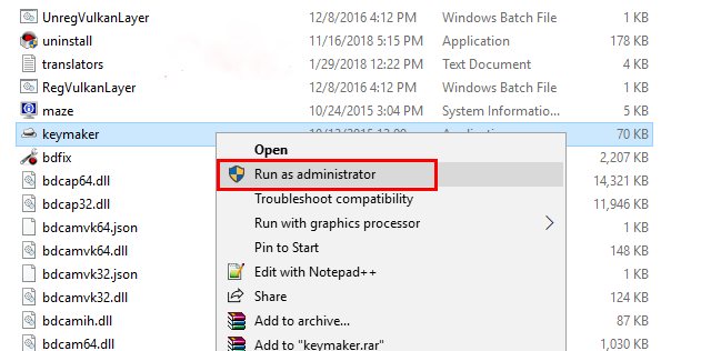 Click chuột phải tại keymaker và chọn Run as administrator