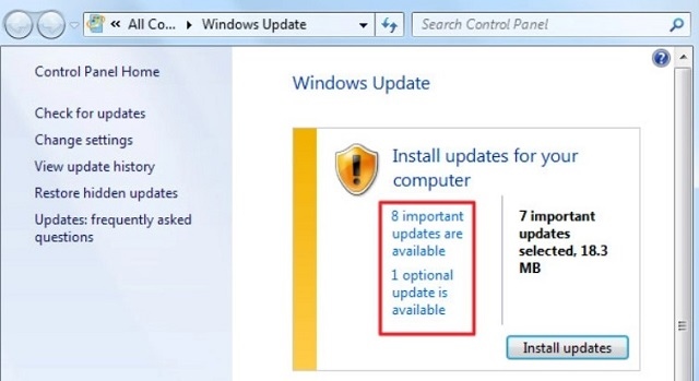Bảng Windows Updates hiển thị các thông tin cần cho việc updates