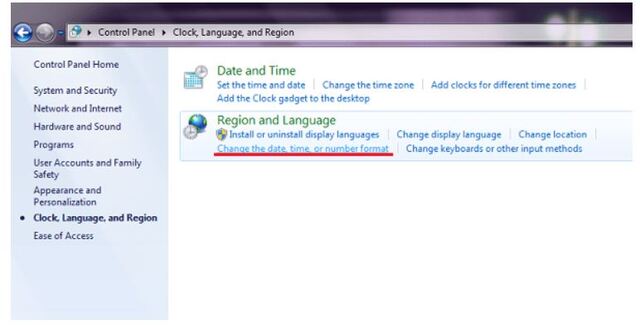 Chọn “Region and Language” trong đó có mục Change the date, time or number format