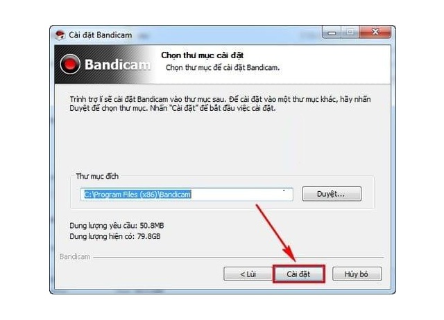 Chọn thư mục, vị trí lưu phần mềm Bandicam 5.4 sau khi cài đặt