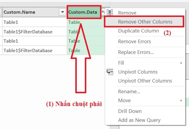 Chọn Remove Other Columns